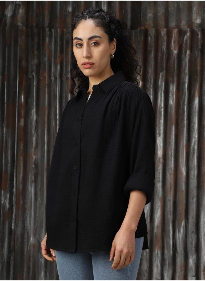 HIGH STAR Women Oversized Solid Cotton with Geathers At Shoulder Casual Shirt  - Image 3