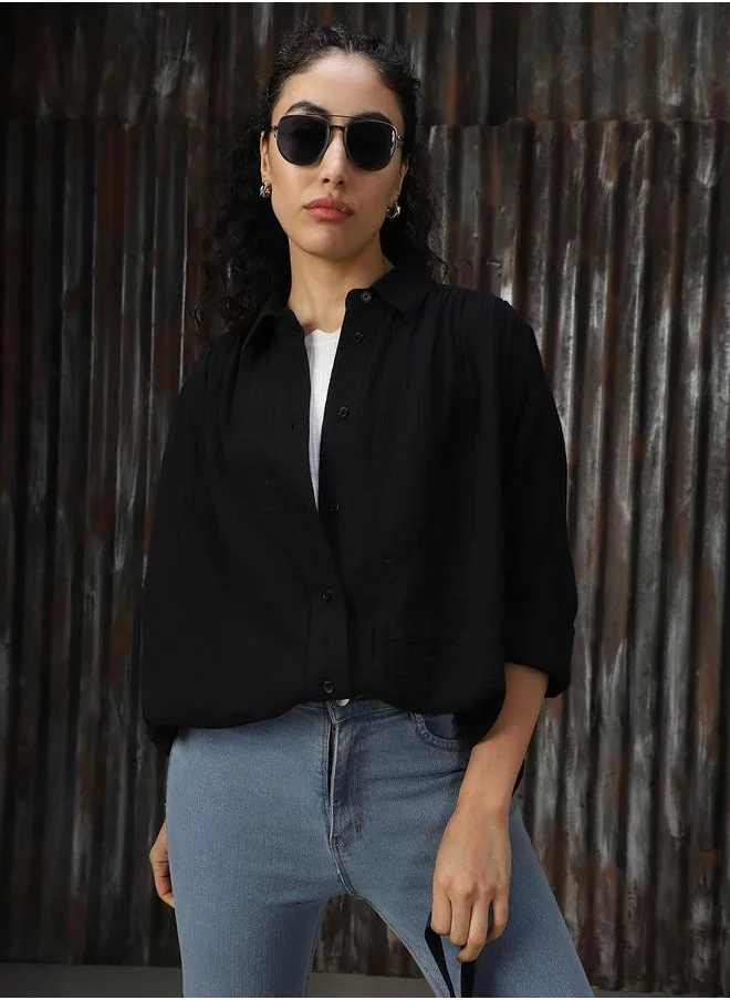 HIGH STAR Women Oversized Solid Cotton with Geathers At Shoulder Casual Shirt