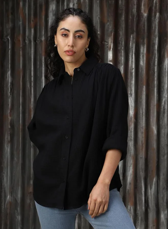 HIGH STAR Women Oversized Solid Cotton with Geathers At Shoulder Casual Shirt