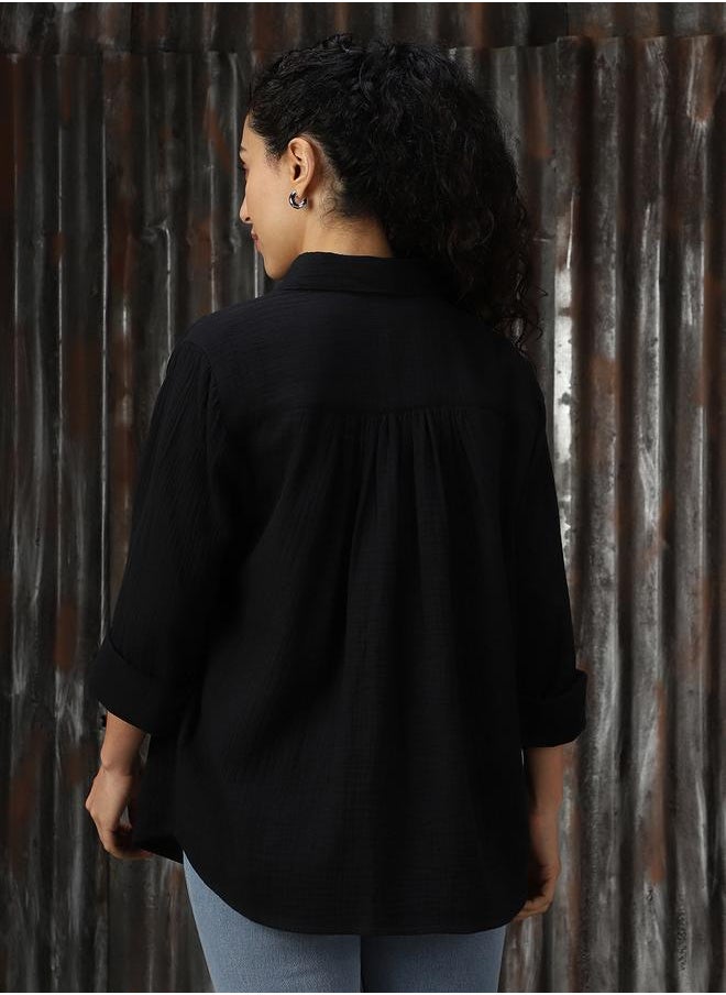 HIGH STAR Women Oversized Solid Cotton with Geathers At Shoulder Casual Shirt  - Image 5