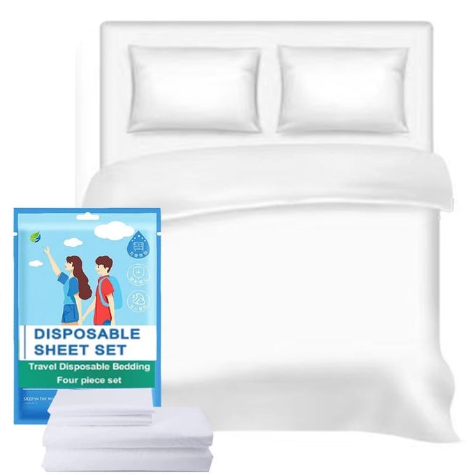 DISPOSABLE TRAVEL BED SHEETS KING SIZE, DISPOSABLE HOTEL WITH QUILT COVER AND PILLOWCASE, DISPOSABLE BEDDING TRAVEL BEDDING DISPOSABLE SHEETS FOR BUSINESS TRAVEL HOTEL ESSENTIALS( 4-PIECE ) (1PACK)