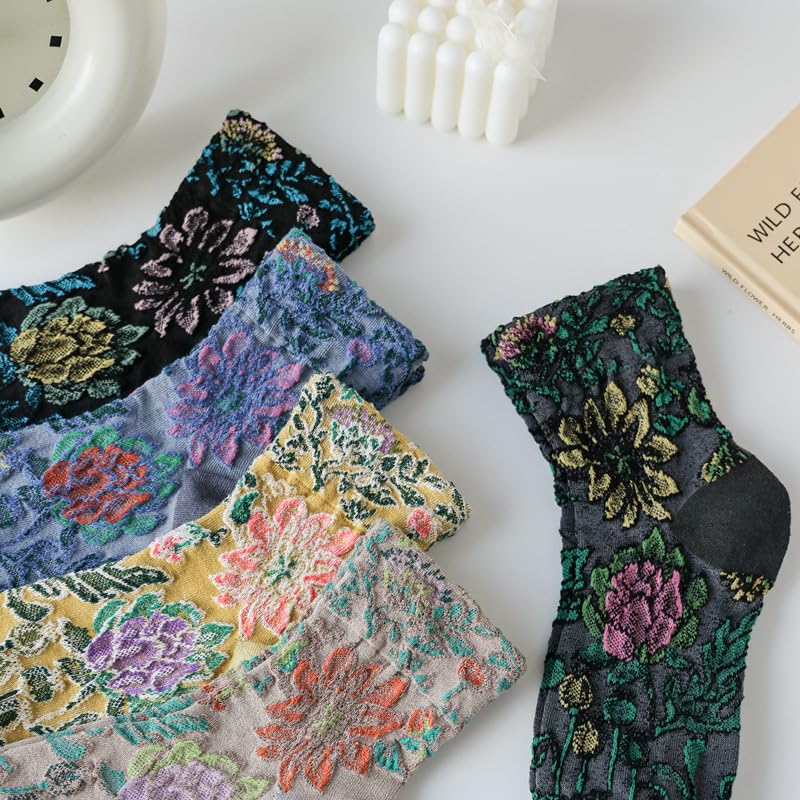 FORJMMP Vintage Embroidered Floral Socks for Women, Combed Cotton Crew Socks (5 Pairs-Set A) - Image 3