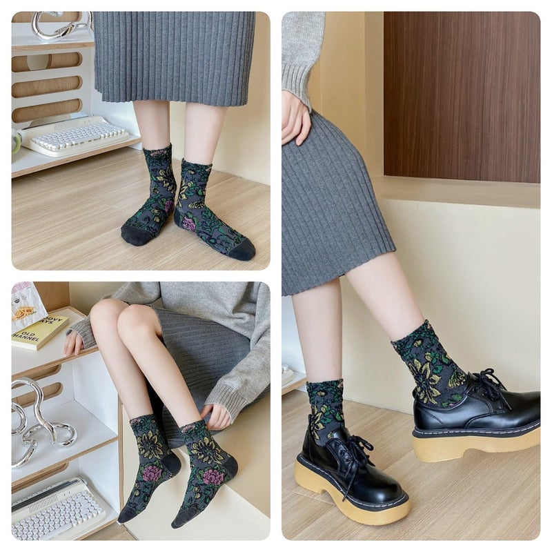 FORJMMP Vintage Embroidered Floral Socks for Women, Combed Cotton Crew Socks (5 Pairs-Set A) - Image 2