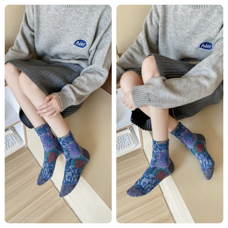 FORJMMP Vintage Embroidered Floral Socks for Women, Combed Cotton Crew Socks (5 Pairs-Set A) - Image 5