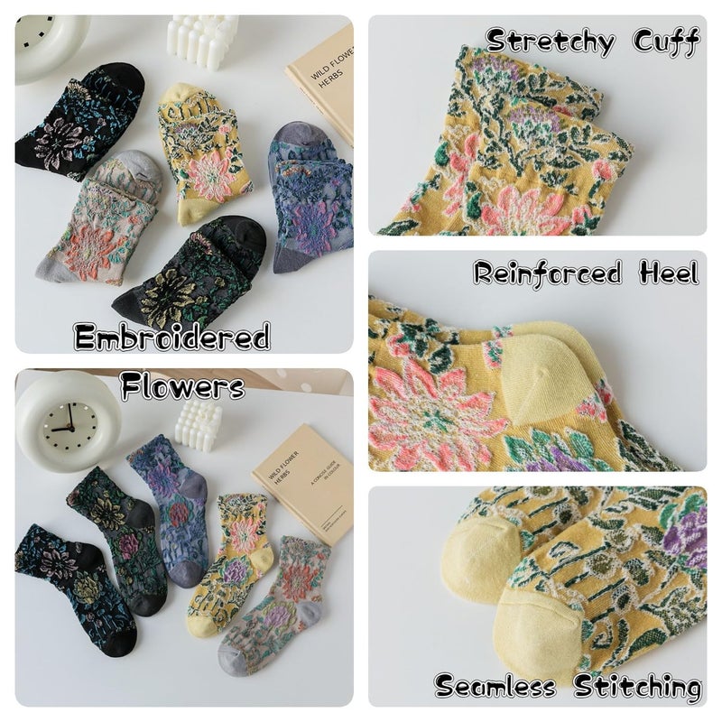FORJMMP Vintage Embroidered Floral Socks for Women, Combed Cotton Crew Socks (5 Pairs-Set A) - Image 4