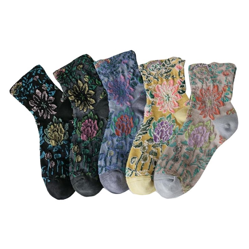 FORJMMP Vintage Embroidered Floral Socks for Women, Combed Cotton Crew Socks (5 Pairs-Set A) - Image 1