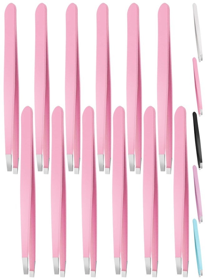 Swpeet 12Pcs 3.79 Inches Pink Eyebrow Tweezers Stainless Steel Slant Tip Tweezers Kit, Professional Eyebrow Facial and Hair Remover, Slant Pointed Precision Tweezers Fits for Men and Women - Image 1