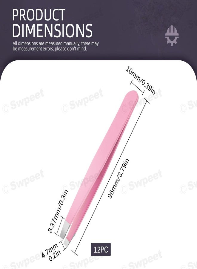 Swpeet 12Pcs 3.79 Inches Pink Eyebrow Tweezers Stainless Steel Slant Tip Tweezers Kit, Professional Eyebrow Facial and Hair Remover, Slant Pointed Precision Tweezers Fits for Men and Women - Image 2