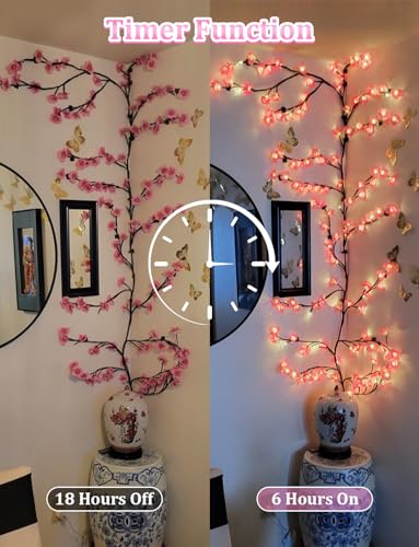 FIALAME 7.55 FT 144 LED Cherry Blossom Tree Branch Lights for Wall,8 Modes Pink Cherry Blossom Lights with Remote Timer,Willow Vine Lights for Bedroom decor,Light Up Cherry Blossom Decor,Holiday Birthday Gift - Image 4
