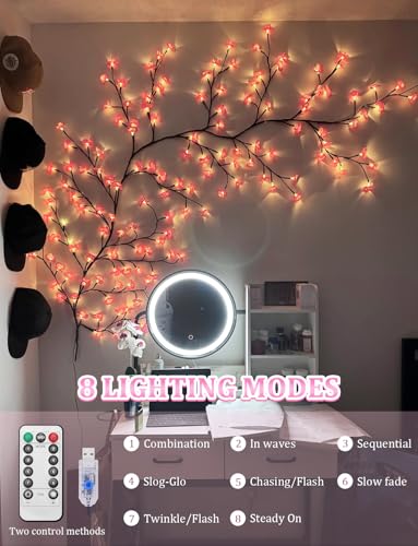 FIALAME 7.55 FT 144 LED Cherry Blossom Tree Branch Lights for Wall,8 Modes Pink Cherry Blossom Lights with Remote Timer,Willow Vine Lights for Bedroom decor,Light Up Cherry Blossom Decor,Holiday Birthday Gift - Image 3