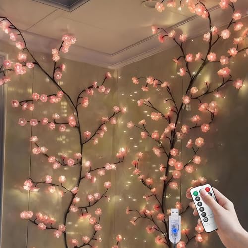 FIALAME 7.55 FT 144 LED Cherry Blossom Tree Branch Lights for Wall,8 Modes Pink Cherry Blossom Lights with Remote Timer,Willow Vine Lights for Bedroom decor,Light Up Cherry Blossom Decor,Holiday Birthday Gift - Image 1