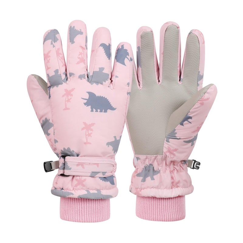 LPMOERA Kids Gloves Winter Toddler Snow Waterproof Gloves Kids Mittens for Boys Girls Ski Glove Warm Thermal Fleece Pink Dinosaur S (4-6T) - Image 1