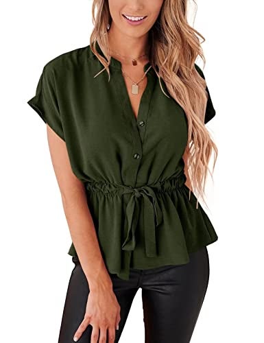 CiCiBird Womens Button Down Blouses Casual Peplum Summer Tops Dressy Chiffon Work Blouse Army Green - Image 1
