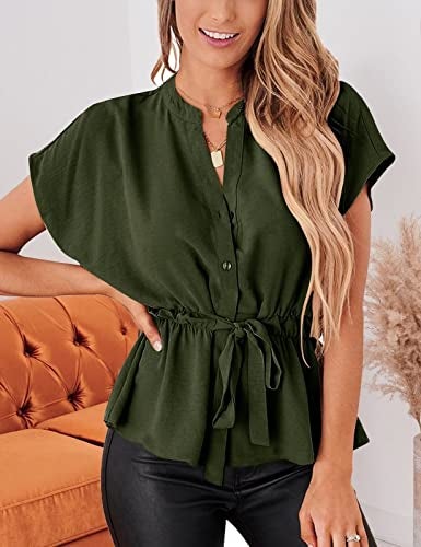 CiCiBird Womens Button Down Blouses Casual Peplum Summer Tops Dressy Chiffon Work Blouse Army Green - Image 3