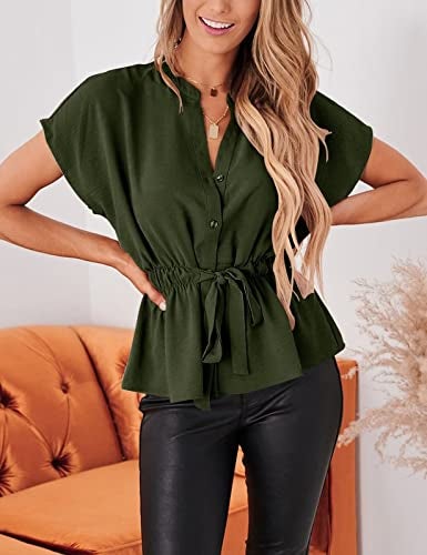CiCiBird Womens Button Down Blouses Casual Peplum Summer Tops Dressy Chiffon Work Blouse Army Green - Image 4