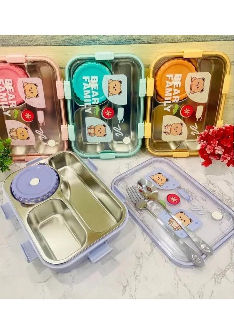 Laxon Laxon 7089 Bear Family stainless steel lunch box 700ml 3 Compartment with spoon - Purple - Image 3