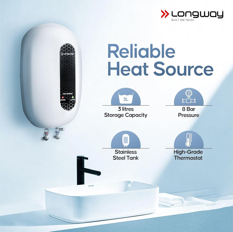Longway Hotspring Automatic Instant Water Heater with Multiple Safety System RustProof ABS Body White 3 Ltr - Image 3