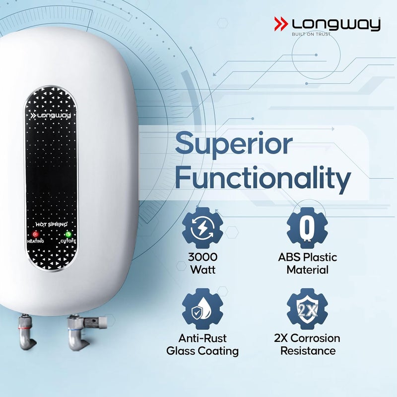 Longway Hotspring Automatic Instant Water Heater with Multiple Safety System RustProof ABS Body White 3 Ltr - Image 4