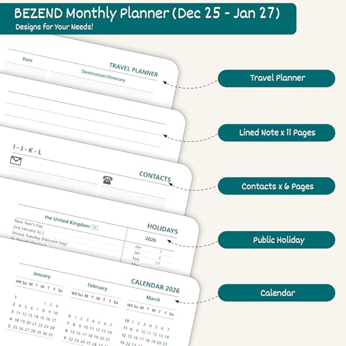 BEZEND Pocket Monthly Planner 2026, Small Calander Book 3.5" x 6.5" Runs Dec 25 to Jan 27, 14-Months Slim Planner for Purse with Rose Gold-Glided Paper Edge & PU Leather Softcover in Dutch Blue - Image 4