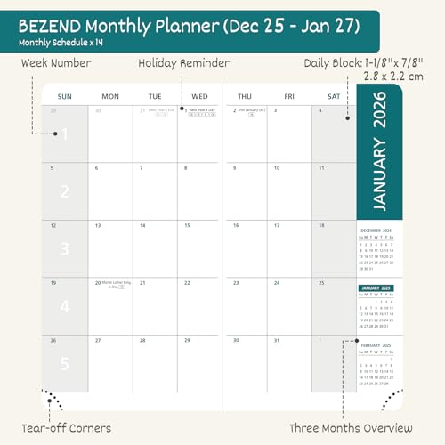BEZEND Pocket Monthly Planner 2026, Small Calander Book 3.5" x 6.5" Runs Dec 25 to Jan 27, 14-Months Slim Planner for Purse with Rose Gold-Glided Paper Edge & PU Leather Softcover in Dutch Blue - Image 3