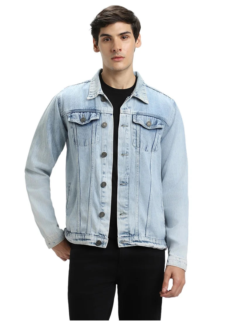 دينيس لينغو Regular Fit Indigo Men's Washed Denim Jacket, Full Sleeves, Spread Collar, Casual, Button Closure