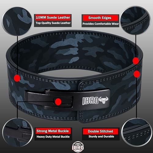 IBRO Powerlifting Lever Gym Belt – Power 10MM Extreme Heavy Duty Genuine Leather Belts - Squats Deadlifts Bodybuilding Weight Lifting IPF Power Lifting Strongman for Men 10mm Black Camo M - Image 2