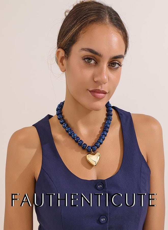FAUTHENTICUTE Princess Blue Resin Beaded Necklace for Women With A Puffy Heart Charm Chunky Gold Heart Pendant Necklace Trendy Boho Choker Statement Necklace - Image 3