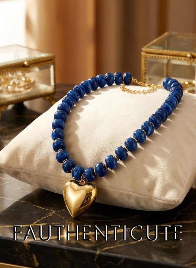 FAUTHENTICUTE Princess Blue Resin Beaded Necklace for Women With A Puffy Heart Charm Chunky Gold Heart Pendant Necklace Trendy Boho Choker Statement Necklace - Image 5