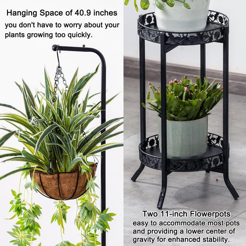 COPREE 2-tier Hanging Plant Stand, Space-Saving Iron Planter Shelves Flower Pot Organizer Rack Multiple Flower Pot Display Holder Shelf Indoor Outdoor Heavy Duty Planter Shelving Unit - Image 5