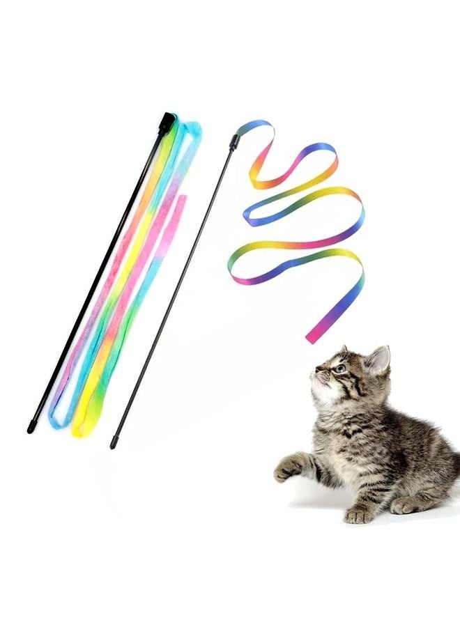 MOWKIT Interactive Cat Rainbow Wand Toys, Interactive Cat Teaser Wand String, Colorful Ribbon Charmer for Most Cats and Kittens - 2 Packs - Image 1
