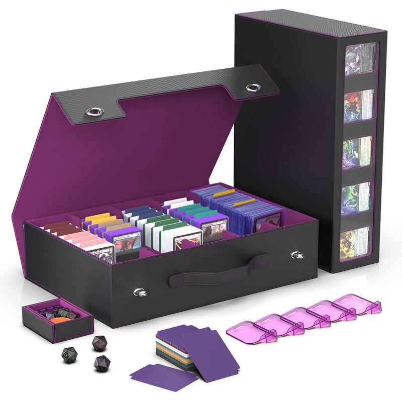 Kabinka Trading Card Storage Box with Handle & Mechanical Latch,5-Row 3900+ Commander MTG Card Case with Sealed Window,Top Loaders Organizer Deck Box for MTG/TCG/PTCG/Sports Cards (Black Purple) - Image 1