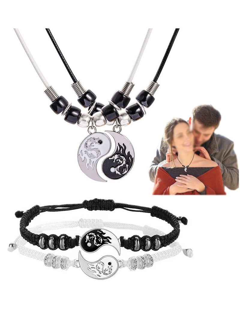 SYOSI Stainless Steel Yin Yang Pendant Necklace and Bracelet Set, 2 Pieces Dragon Yin Yang Adjustable Cord Bracelets, 2 Pieces Dragon Yin Yang Pendant Necklace Chains for Friendship Boyfriend Girlfriend - Image 1