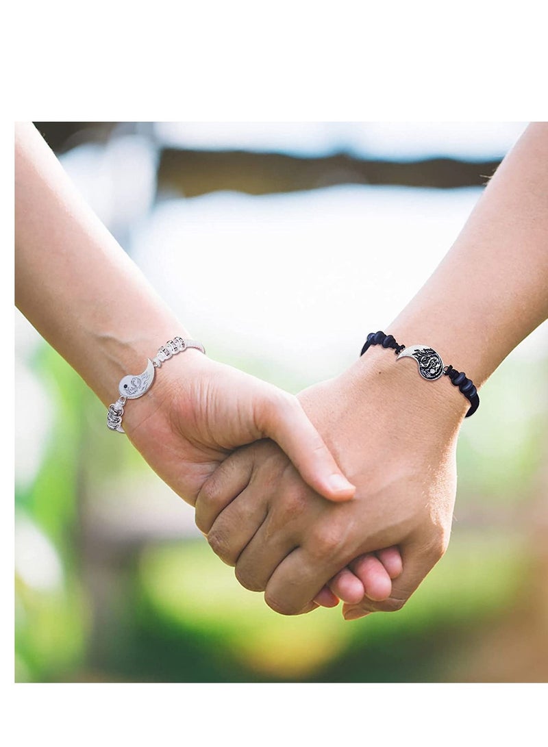 SYOSI Stainless Steel Yin Yang Pendant Necklace and Bracelet Set, 2 Pieces Dragon Yin Yang Adjustable Cord Bracelets, 2 Pieces Dragon Yin Yang Pendant Necklace Chains for Friendship Boyfriend Girlfriend - Image 4