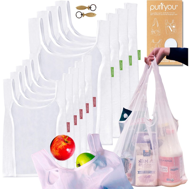 purifyou Set of 9 Reusable Grocery Bags with Handles DualPurpose SeeThrough Mesh Washable Foldable Shopping Bags for Groceries Food Storage Kitchen Supplies and Home Organization