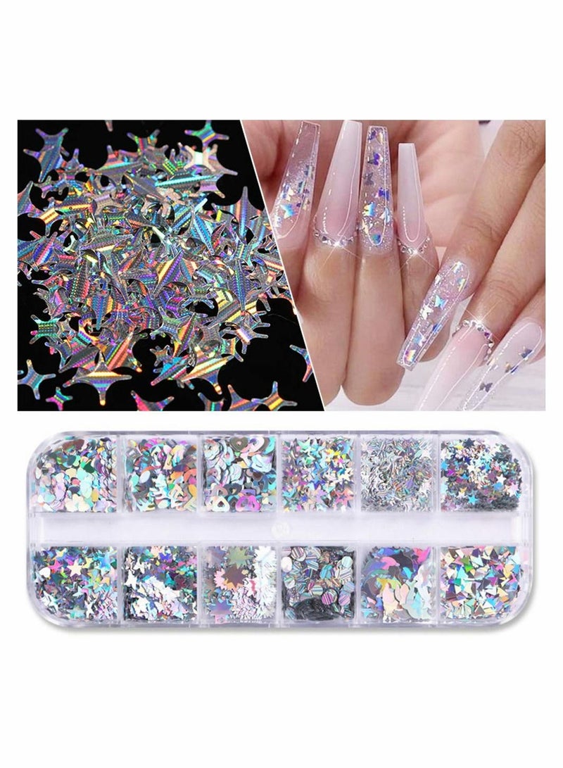 KASTWAVE Nail Art Glitter Sequins, 12 Grids Laser Silver Nail Decals 3D - Image 3