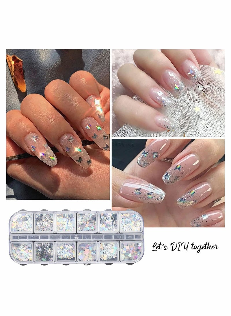 KASTWAVE Nail Art Glitter Sequins, 12 Grids Laser Silver Nail Decals 3D - Image 2