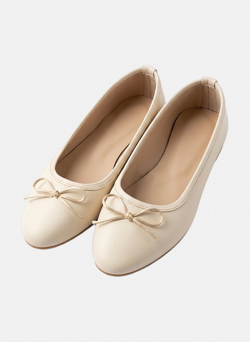 OG Classic Ballerina Flats Beige  – Leather Look With Bow Detail - Image 1