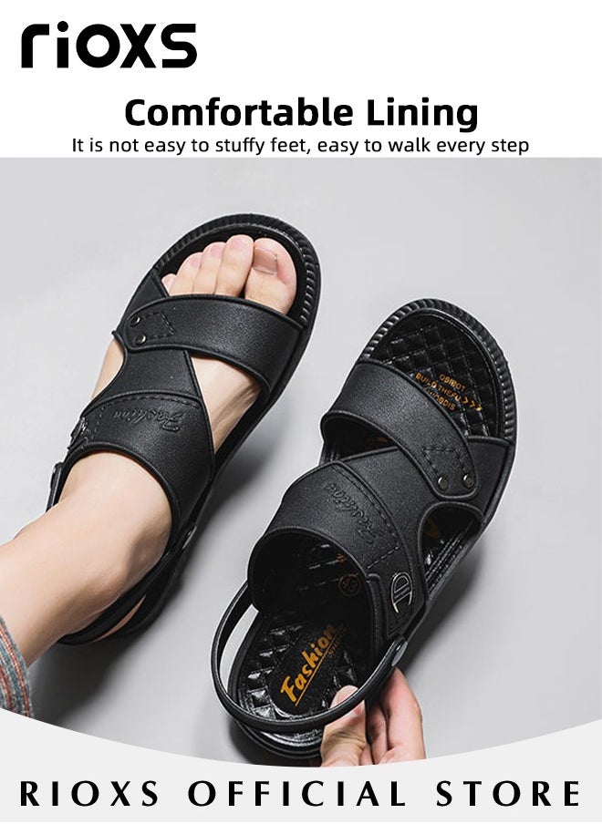 RIOXS Men's Casual Open Toe Faux Leather Sandals Summer Non-Slip Beach Sandal Sneakers Walking Outdoor Flat Sandals  - Image 2