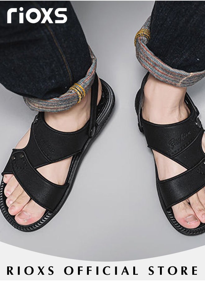 RIOXS Men's Casual Open Toe Faux Leather Sandals Summer Non-Slip Beach Sandal Sneakers Walking Outdoor Flat Sandals  - Image 4
