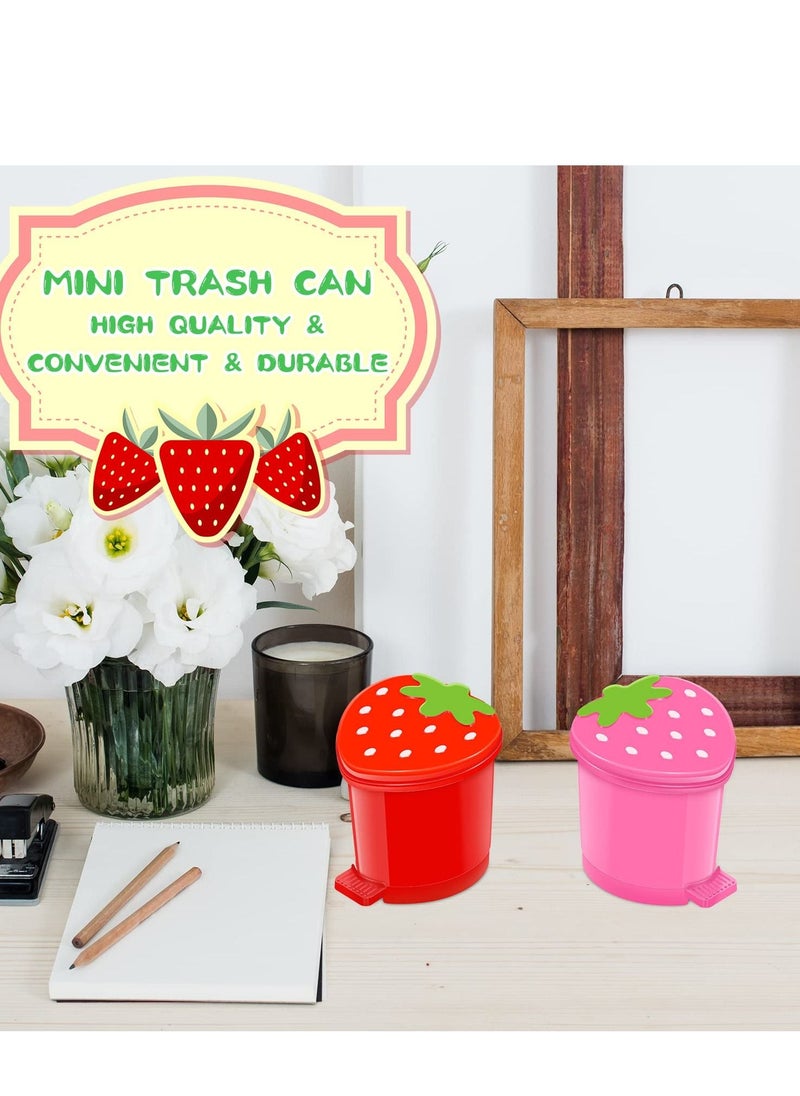 SYOSI - 2 Pieces Strawberry Desk Trash Can, Kawaii Mini Trash Can with Lid Cute Red Pink Trash Can, Tiny Garbage Can with Swing Lid Desktop Organizer for Coffee Table Kitchen Office Car Pink Red - Image 1
