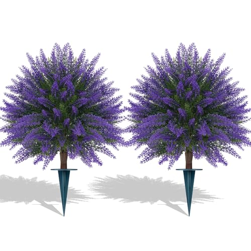 Grooy Artificial Lavender Topiary Ball, Set of 2 Artificial Boxwood Shrub Bushes with Ground Spike, Fake Evergreen Tree for Porch, Artificial Plants for Outdoor Planters Indoor UV Resistant - Image 1