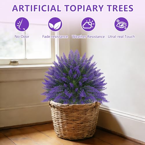 Grooy Artificial Lavender Topiary Ball, Set of 2 Artificial Boxwood Shrub Bushes with Ground Spike, Fake Evergreen Tree for Porch, Artificial Plants for Outdoor Planters Indoor UV Resistant - Image 4