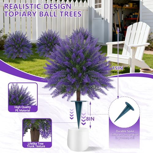 Grooy Artificial Lavender Topiary Ball, Set of 2 Artificial Boxwood Shrub Bushes with Ground Spike, Fake Evergreen Tree for Porch, Artificial Plants for Outdoor Planters Indoor UV Resistant - Image 3