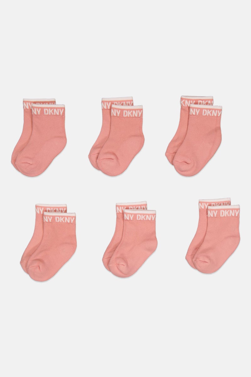 DKNY Kids Girl 6 Pairs Brand Logo Ankle Socks, Pink - Image 2