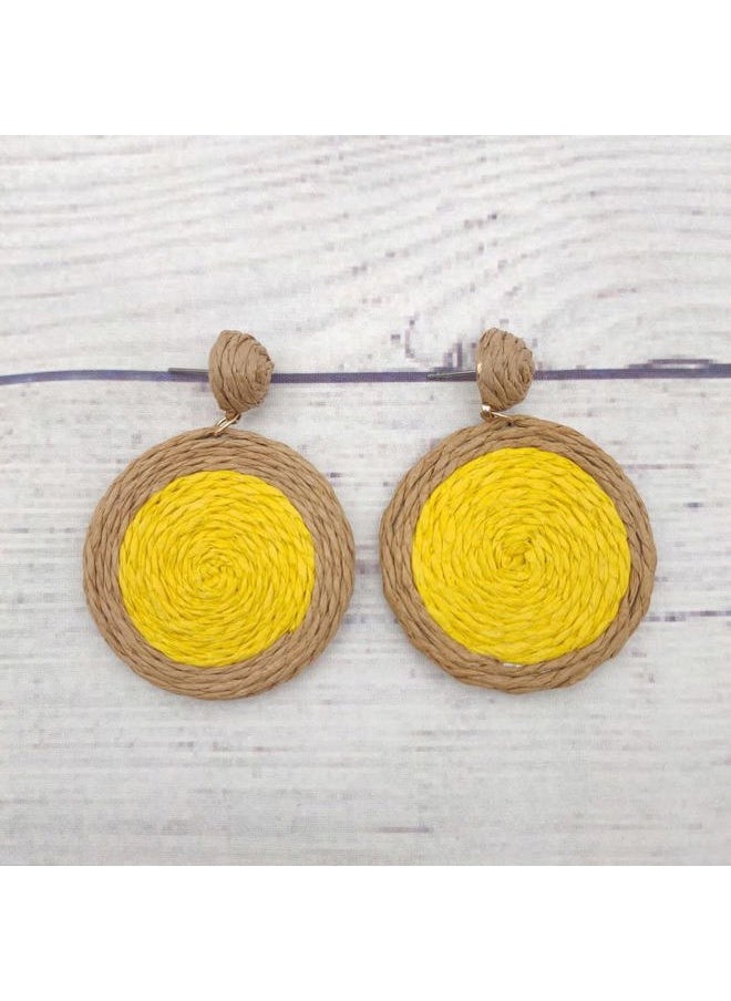 COLORFUL BLING Bohemian Woven Straw Wicker Raffia Rattan Dangle Earrings Geometric Circle Round Statement Drop Earrings for Women Summer Beach Boho Jewelry-straw yellow  - Image 2