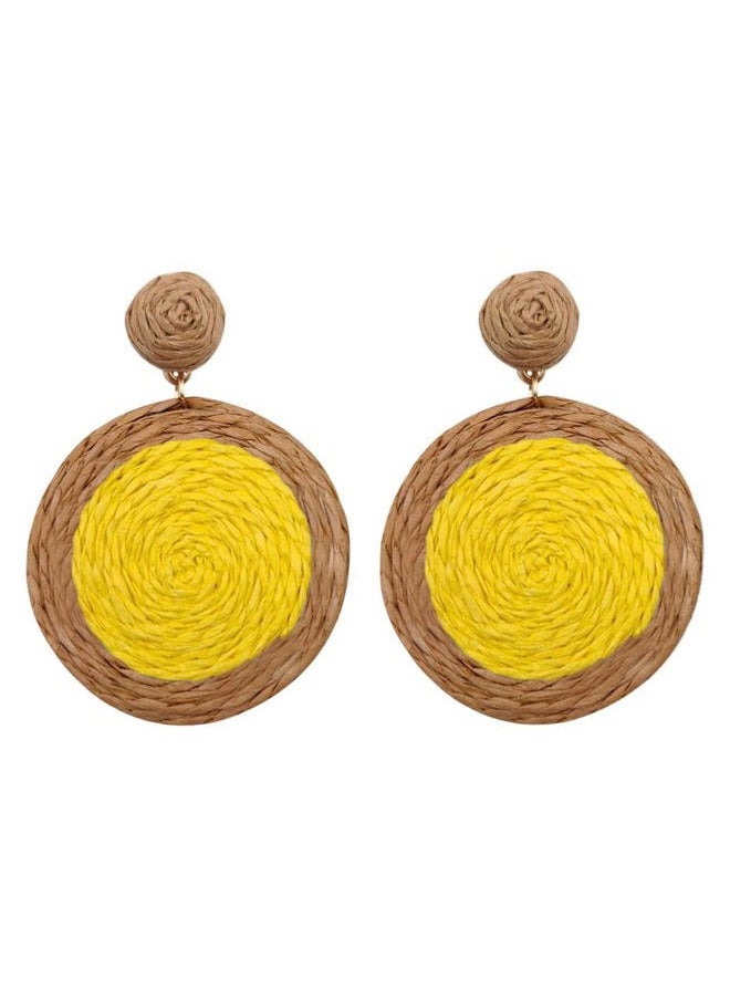 COLORFUL BLING Bohemian Woven Straw Wicker Raffia Rattan Dangle Earrings Geometric Circle Round Statement Drop Earrings for Women Summer Beach Boho Jewelry-straw yellow  - Image 1