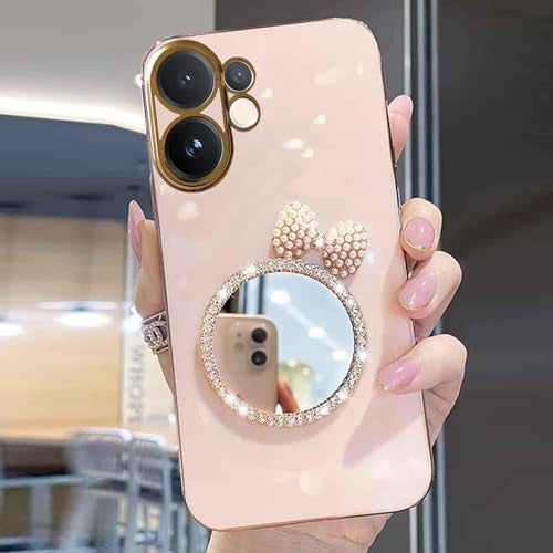 KC Back Cover for Vivo V60 5G - Round Bow Mirror Electroplated Soft Silicone Camera Protection Case - Pink - Image 4