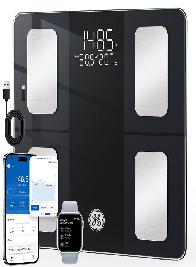 GE Smart Scale for Body Weight: BMI Body Fat Digital Bathroom Scales, 13 Body Composition Monitor Health Analyzer for Home Gym, Bluetooth App Sync, Accurate 400lb Weighing, Rechargeable-Black 11inch - Image 1