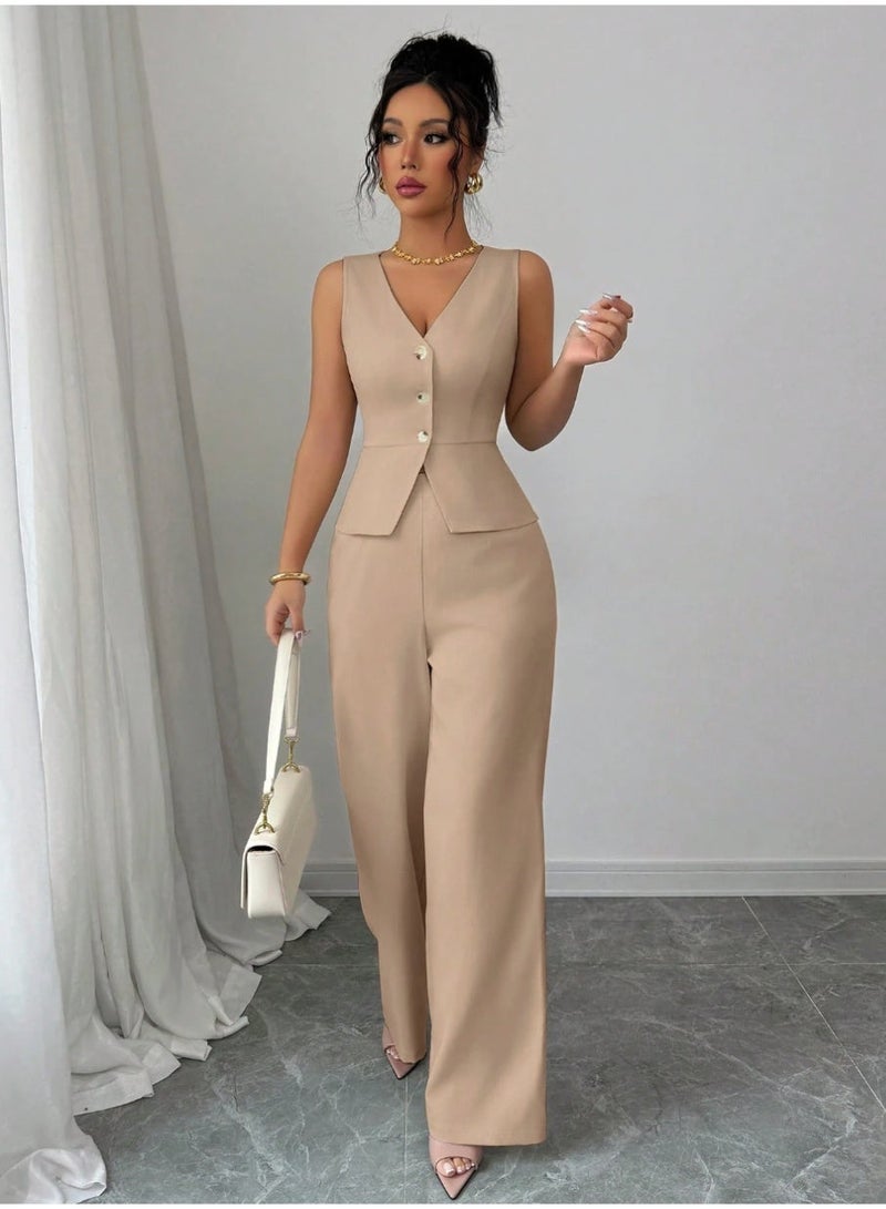 SHEINWomen Elegant Sleeveless Blazer Vest And Suit Pants Set, Business Commuter Style, - Image 1