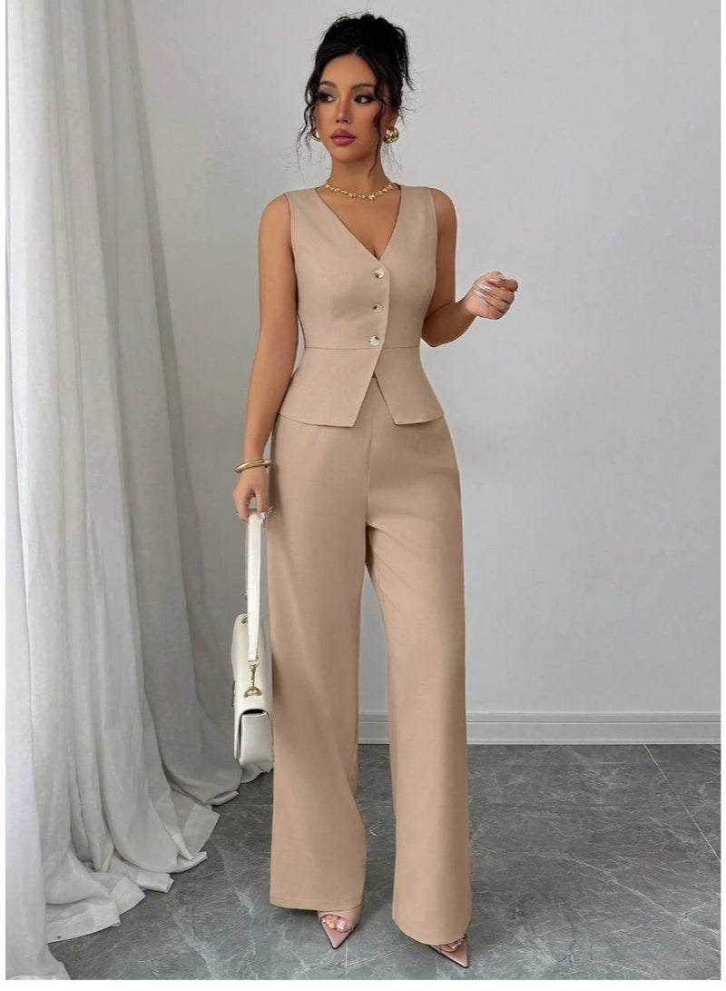 SHEINWomen Elegant Sleeveless Blazer Vest And Suit Pants Set, Business Commuter Style, - Image 4